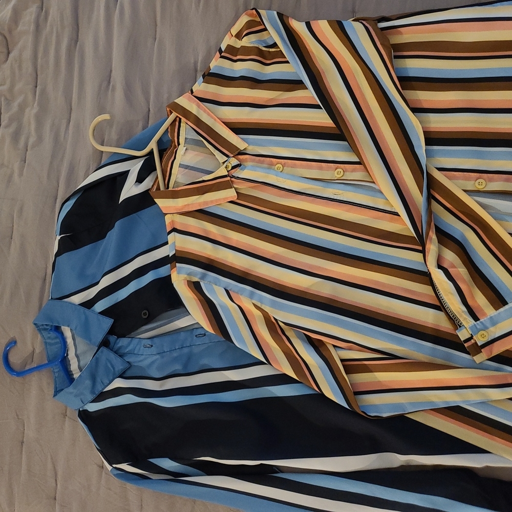Two lightweight polyester blouses, bold stripes, like new!
